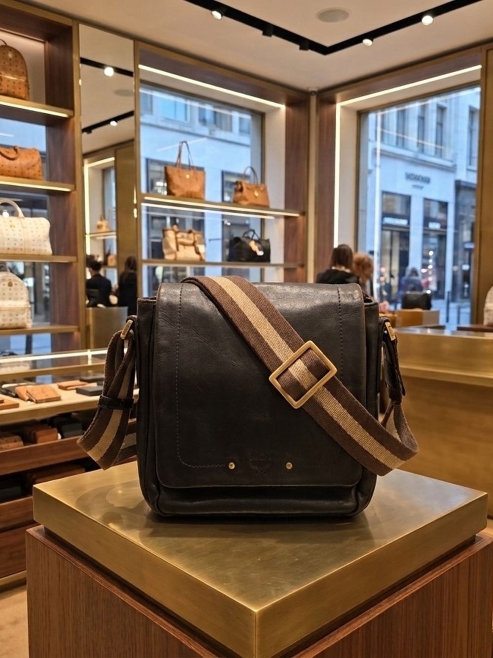 MCM Black Leather Messenger Bag with Brown Striped Strap-EUC!